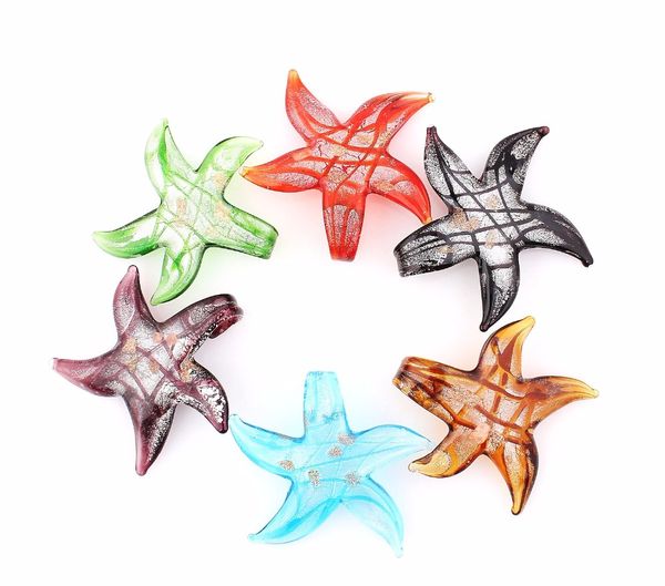 

fashion beauty wholesale 6pcs pendants handmade murano lampwork glass mixed color reticular starfish pendant fit necklace, Silver