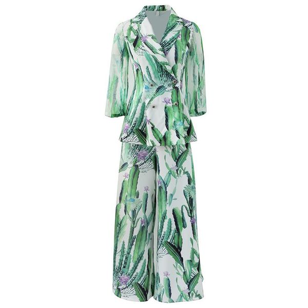 

women's two piece pants suit summer thin office lady temperament print women suits 2-piece double-breasted blazer+ wide-leg, White