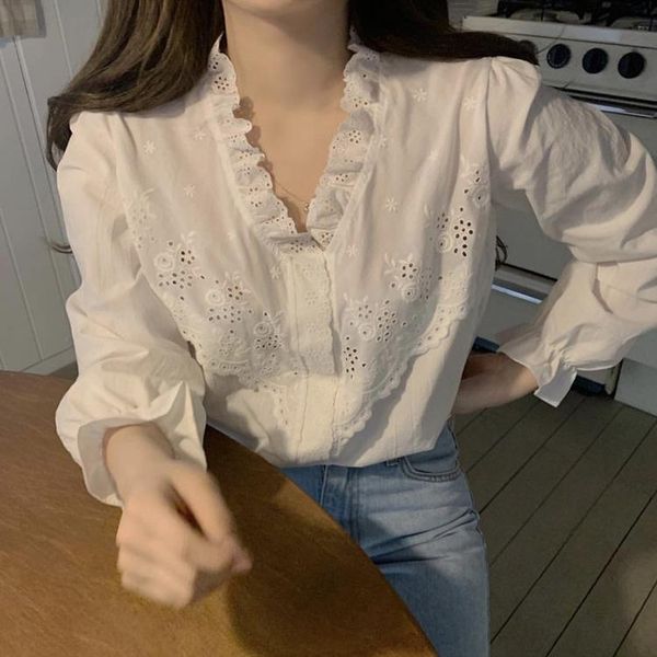 

fall lace long sleeve shirt women blouses shirts v-neck white blouse casual woman clothes women's &