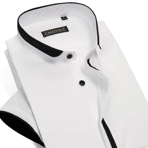 

men's casual shirts banded collar with black piping cotton pocket-less design summer thin short sleeve standard-fit shirt, White;black