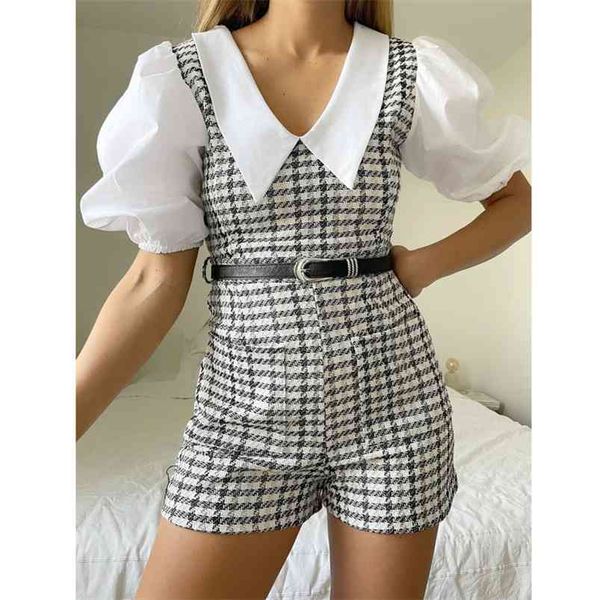 

women summer plaid sweet rompers playsuits jumpsuits short sleeve sashes spliced female casual street slim bodysuit overalls 210513, Black;white