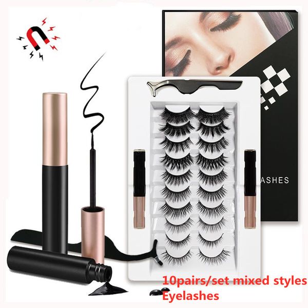 Magnetische Wimpern mit Eyeliner und Pinzette, 10 Paar, verschiedene Stile, magnetische falsche Wimpern, flüssiger Eyeliner, Make-up-Set, wiederverwendbare Wimpern, kein Kleber erforderlich