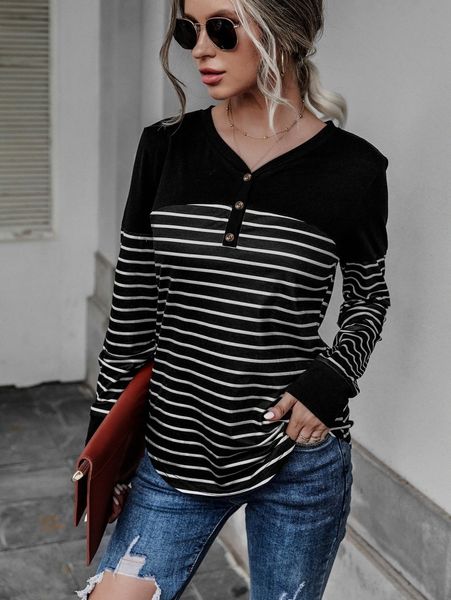 

striped print quarter button sweatshirt e3ed#, White;black