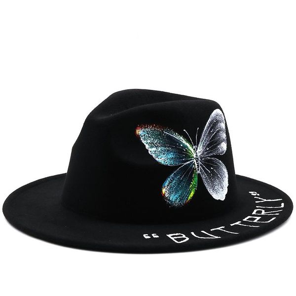 

men's cashmere fedoras male hand-painted butterfly flat brim hat jazz hat couple woolen for men women bucket, Blue;gray