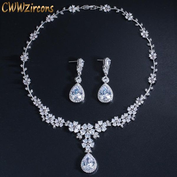 

earrings & necklace cwwzircons luxury african women wedding party costume jewelry long drop flower bridal cz earring necklaces sets for brid, Silver