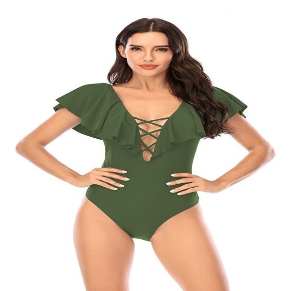 

bikini deep v cross bandage solid color ruffle one piece bikini, White;black