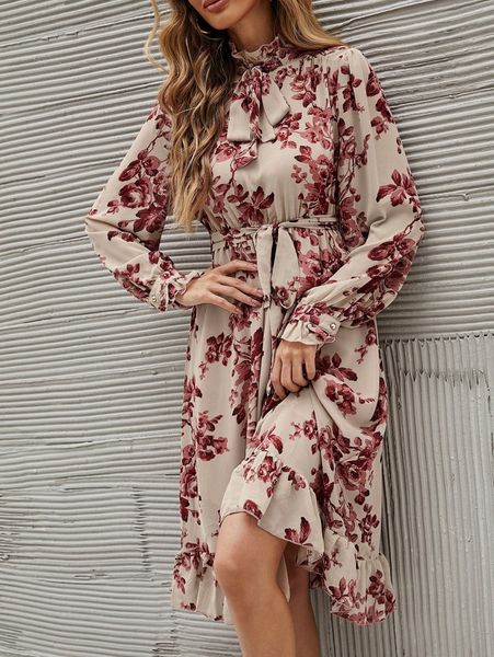 

floral print tie neck ruffle hem belted dress t0x0#, Black;gray