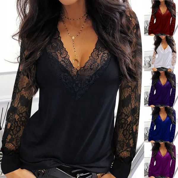 

women's t-shirt womens mesh tees oversized lace stitching v-neck t-shrits ladies casual long sleeve mujer camisetas a40, White