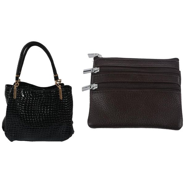 

evening bags -2pcs fashion women crocodile pattern shoulder bag, black with change coin purse 4 pockets and keychain coffee