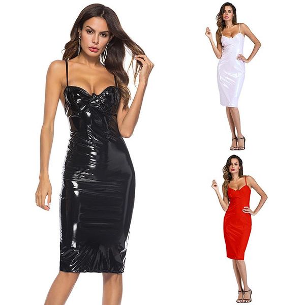 

women wet look pu leather dress summer spaghetti strap dresses for vintage party club wear designer clothes 2021 casual, Black;gray