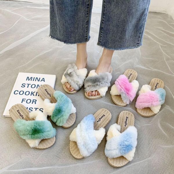 

women furry fur slides indoor home slippers cute plush hair fluffy sandals winter warm shoes street, Black