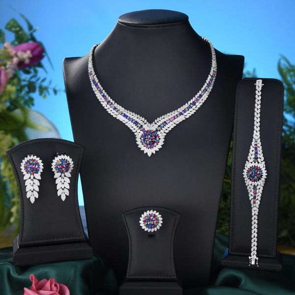 

trendy luxury african multicolor necklace bracelet earring ring girl bridal jewelry set dance party gift 2021 earrings &, Silver