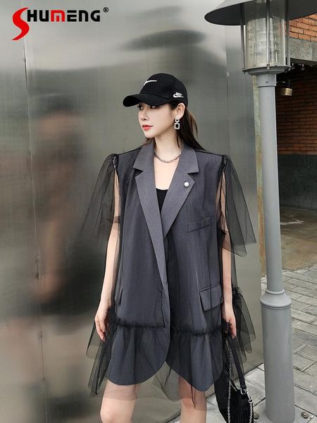 

women's suits & blazers 2021 summer mesh stitching loose fashion fake two-piece suit vest girl's dress top, White;black