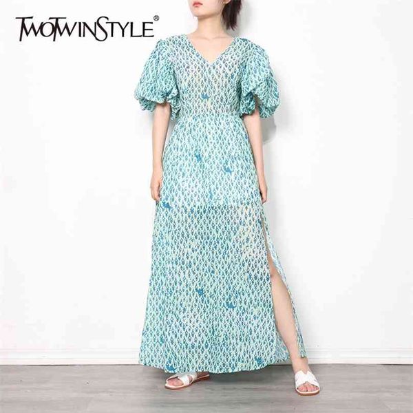 

vintage green dress for women v neck puff short sleeve high waist side split maxi dresses female summer fashion 210520, Black;gray