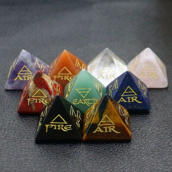 

natural loose gemstones pyramid stone decorate engraved triangle pattern and runes fire air water earth reiki symbols home crystal ornament, Black