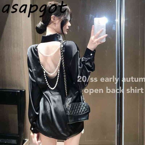 

blouses & shirts spring black backless hollow out pearl chain satin blouse loose full white shirt women clothing retro 210429