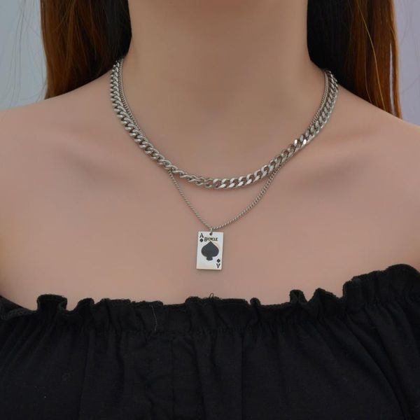

chains hio hop stainless steel playing cards double spades necklace sliver color never fade pendant woman girl couples birthday gift, Silver