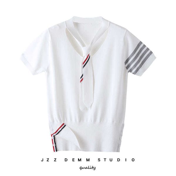 

tb new striped tie knitted base shirt 2020 summer korean slim fit short sleeve v-neck t-shirt pullover, White;black