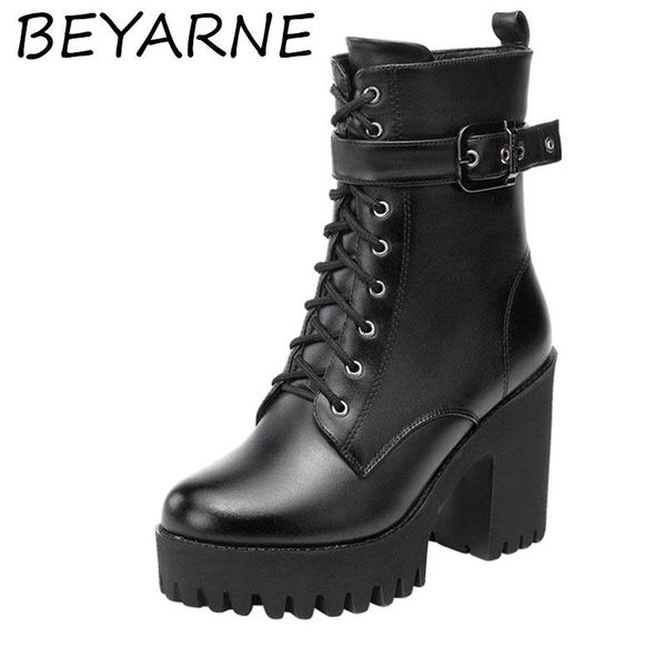 

sandals beyarne leather fall winter high heels boots ladies plush motorcycle plus size 32-43 platform, Black