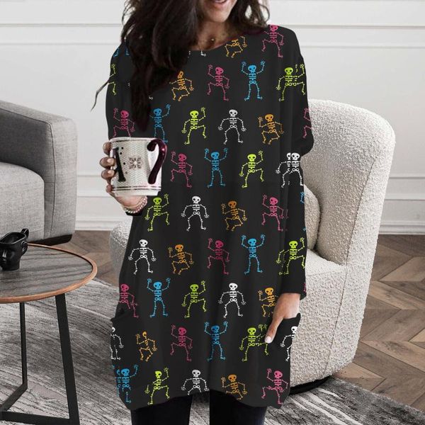 

casual dresses women's halloween skeleton printed round neck middle loose dress ladies spring and autumn short, Black;gray