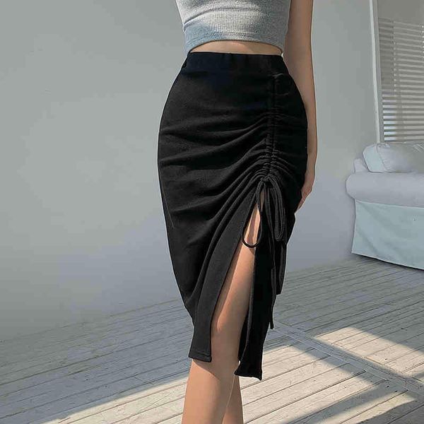 

women's tracksuits hzirip summer korean drawstring folded female fashion skirt slight waist high fine hip solid all-match 9op5, Gray
