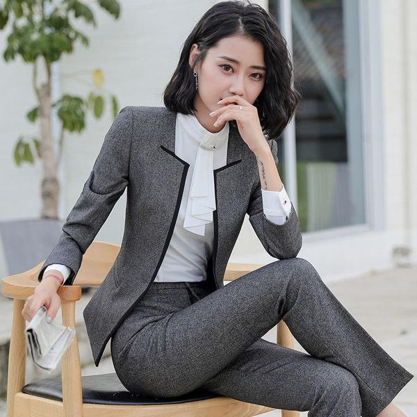 

women's two piece pants 2021 spring autumn women office suit lady solid long sleeve blazer + pencil trousers 2 set female casual loose, White