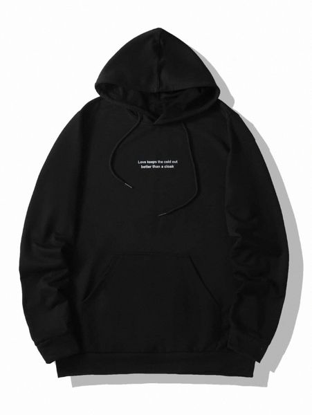 

men slogan graphic kangaroo pocket drawstring hoodie p0ku#, Black