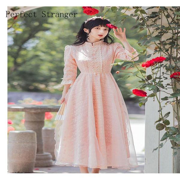

casual dresses women dress vintage autumn arrival for 2021 long sleeve stand collar lace gauze female clothes, Black;gray