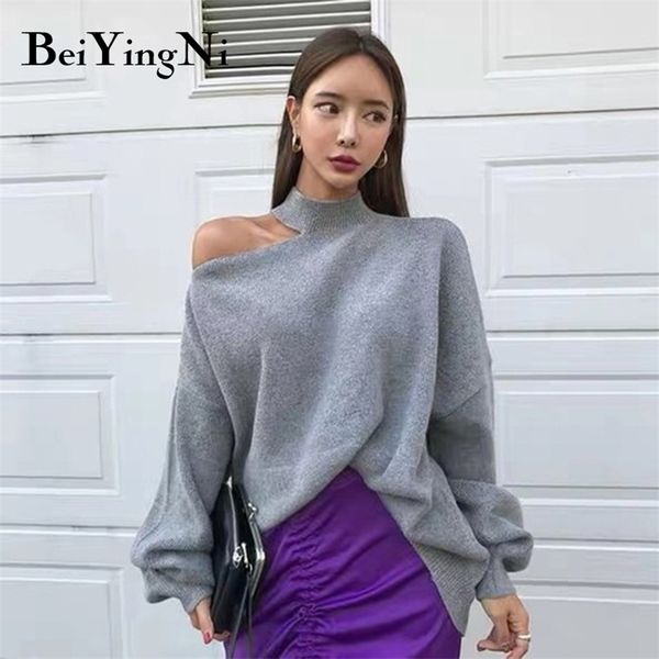 

korean off shoulder sweaters halter knitwear thick warm loose oversized casual vintage autumn winter woman pullovers 210506, Black