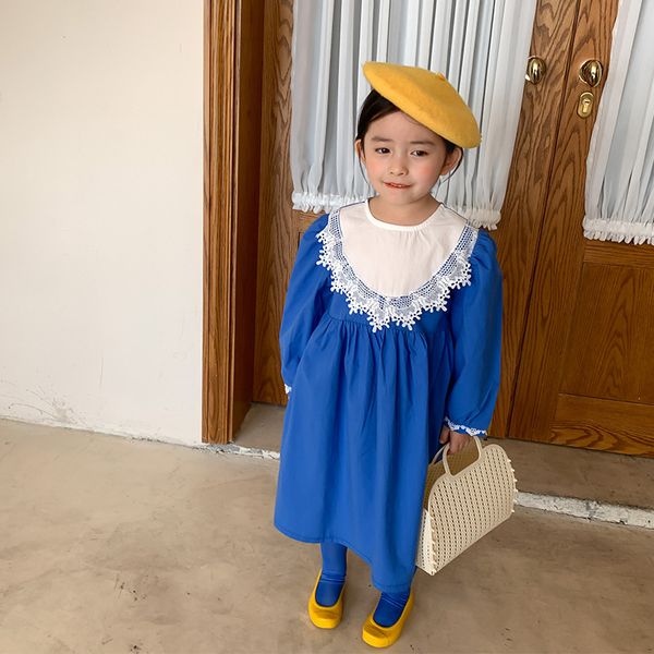 

korean style spring baby girls lace patchwork loose dress blue princess dresses 1-6y 210508, Red;yellow