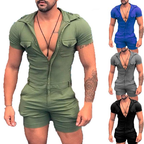 

summer tracksuits rompers men mens jumpsuit one-piece shorts garment fashion zipper sleeveless hooded onesie male 626453099106, Gray