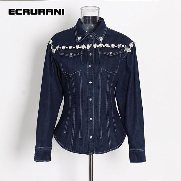 

women's jackets ecrurani casual patchwork diamonds denim for women lapel long sleeve single breasted solid coats female 2021 fashion, Black;brown