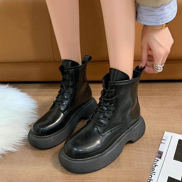 

boots 2021 women boot autumn black women's lace up round head ankle female fashion shoes ladies combat platform botines mujer