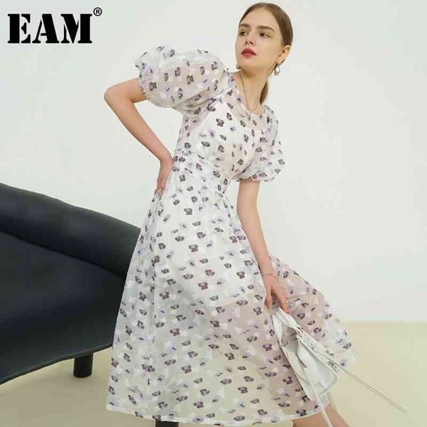 

[eam] women white pattern printed long dress round neck short sleeve loose fit fashion spring summer 1dd8736 210512, Black;gray