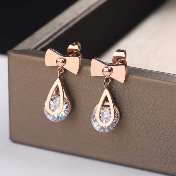 

dangle & chandelier 316l stainless steel fashion upscale jewelry sweet cute style bow-knot rose gold color zircon drop earrings for women, Silver