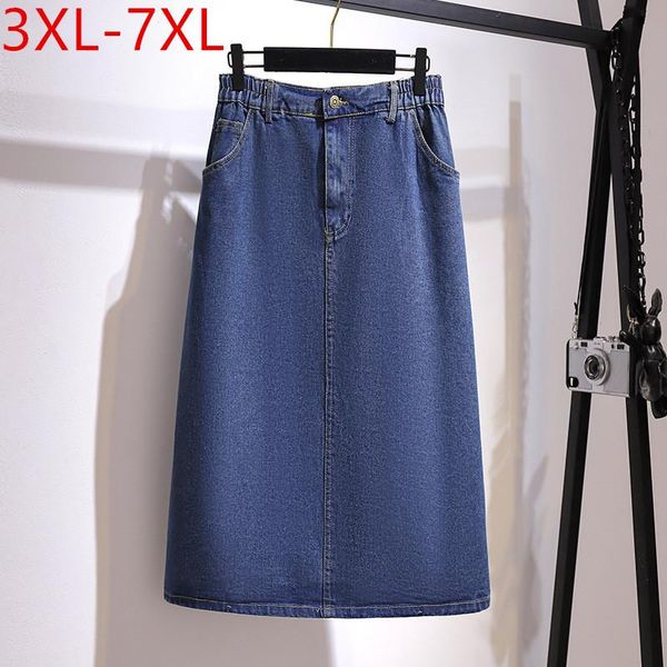 

skirts 4xl 5xl 6xl 7xl korean style spring plus size midi skirt for women large casual elastic waist pocket denim oversize, Black