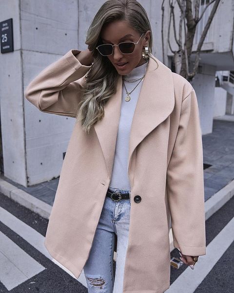 

women's wool & blends winter ladies coat lapel mid-length retro windbreaker solid color fashion large size 3xl2021 top, Black