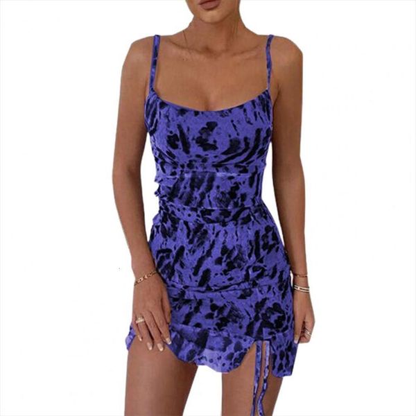 

50%spaghetti straps women dresses low cut drawstring ruched tie dye mini bodycon for party, Black;gray