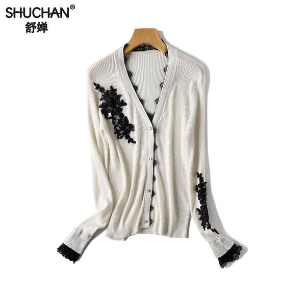 

women's sweaters shuchan lace patchwork cardigan feminino 2021 women clothing white black single breasted thin woman womens