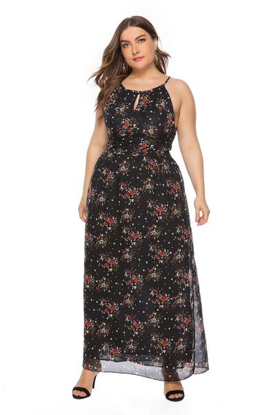 

plus size dresses boho dress beach skirt chiffon print suspenders a line slim high waist and ankle round neck polyester casual mature, Black
