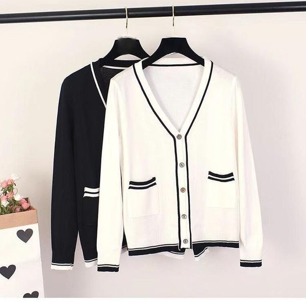 

women's knits & tees spring autumn ice silk knit cardigan v-neck jacket sweater short loose long sleeve white black ladies x295