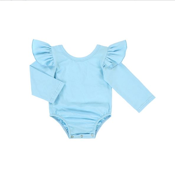 

ins baby girl clothing onesies romper flutter sleeve cute solid long sleeve romper all-matched, Blue