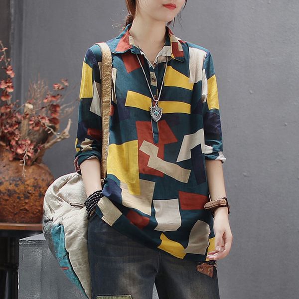 

sleepwear geometric figure retro printed linen long-fashion loosens lapel female oversized and straight shirt f2720 ujij, Black;red