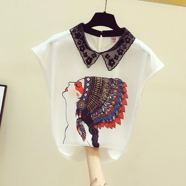

women's blouses & shirts 2021 summer turn down collar short sleeves retro ethnic print chiffon female blouse blusas a3495, White