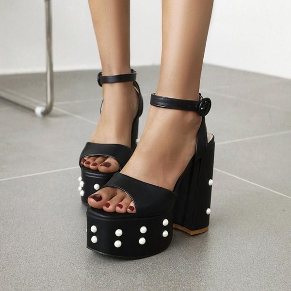 

sandals womens peep toe rivet gladiators shoes pearls retro chunky high 5.9" heel platform punk slingbacks rome plus size 35-46 2021, Black