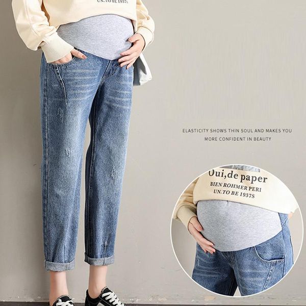 

washed denim maternity jeans for pregnant women clothes elastic waist belly loose pants pregnancy gravidas clothing bottoms, White