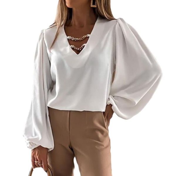 

women's t-shirt women long sleeve v-neck chain decoration fashion elegant loose office ladies t shirts, White