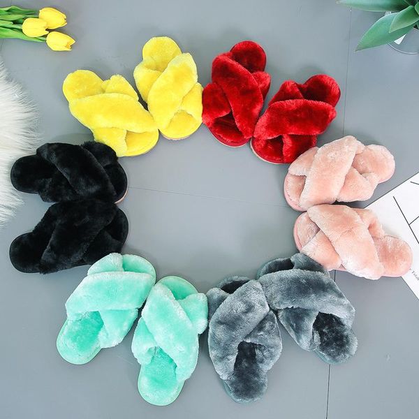 

sandals kids slippers 2021 winter for girls fashion brand warm fur cotton casual non-slip indoor slides soft flats baby shoes, Black;red