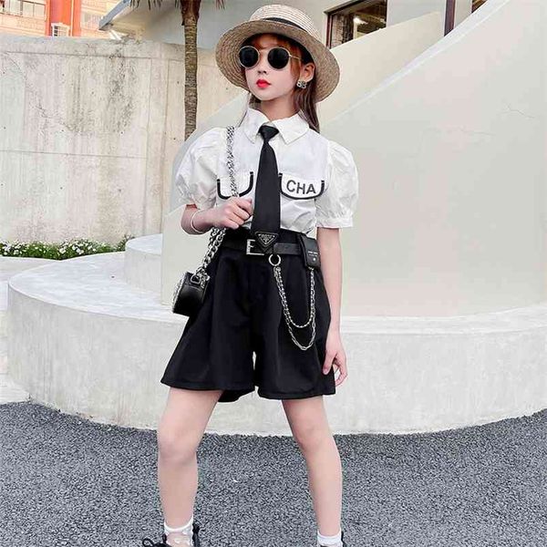 

fashion toddler outfits girl cotton turn-down collar blouse and black shorts summer kids girls clothing set 2 piece tracksuits 210622, White
