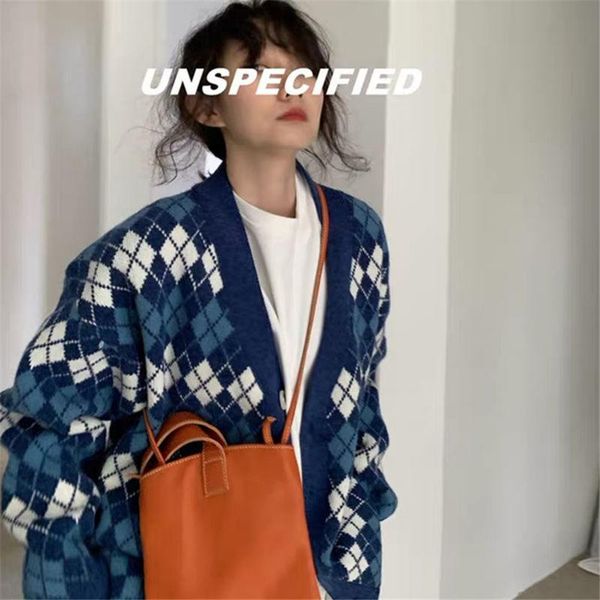 

women's knits & tees vintage color contrast autumn winter women college style v-neck lattice cardigan loose lazy knitting sweater outer, White